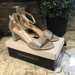 Metallic Block Heel Sandals w/ Tonal Crystals